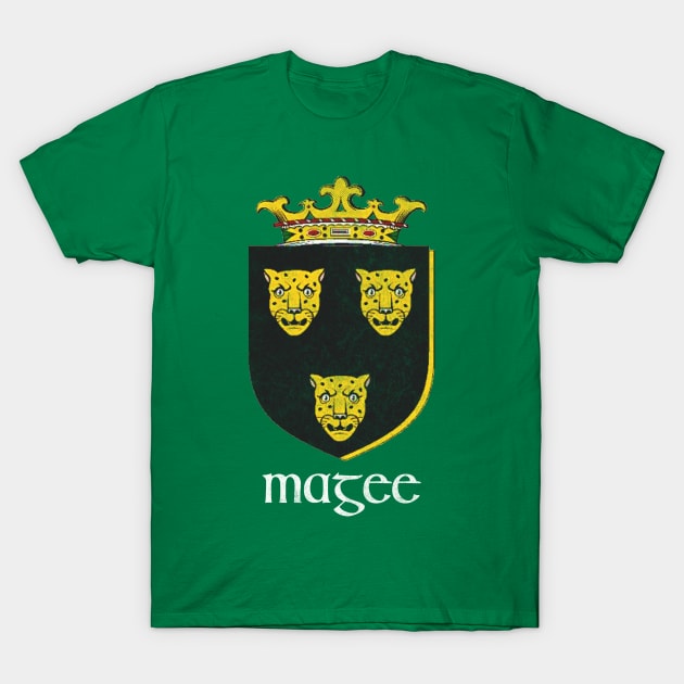 Magee Surname / Faded Style Family Crest Coat Of Arms Design T-Shirt by feck!